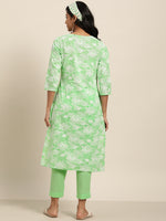Thumbnail for Sangria Women Green Floral Printed Pure Cotton Kurta with Trousers - Distacart