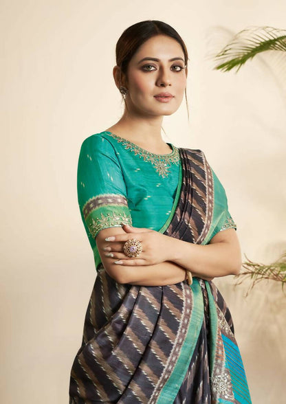 Navy Blue Bhagalpuri Silk Stripe printed with Stone Work & Hand Work Saree - Norita Nirvi - Distacart