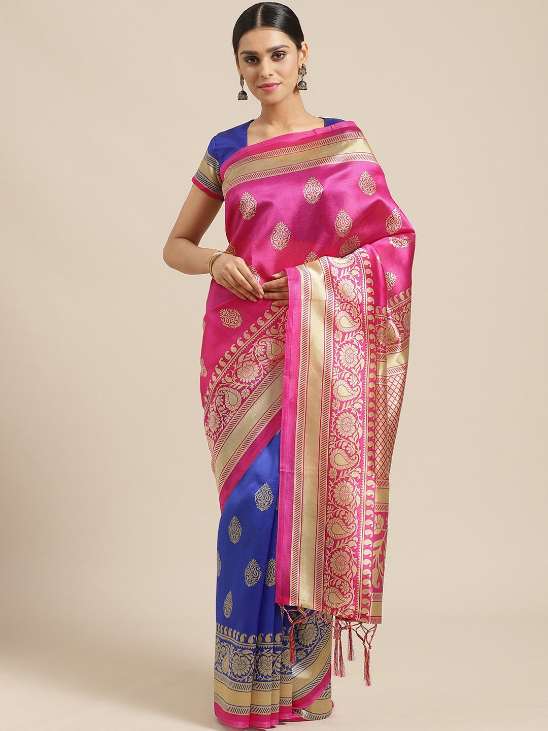 Saree Mall Pink & Blue Paisley Print Half & Half Saree - Distacart