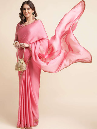 Mitera Pink Embellished Border Satin Chiffon Saree - Distacart