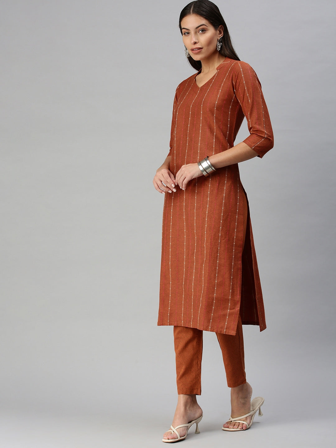 Kalini Women Rust Red Pure Cotton Geometric Woven Design Kurta with Trousers - Distacart