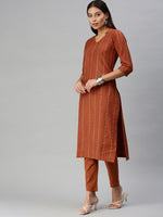 Thumbnail for Kalini Women Rust Red Pure Cotton Geometric Woven Design Kurta with Trousers - Distacart