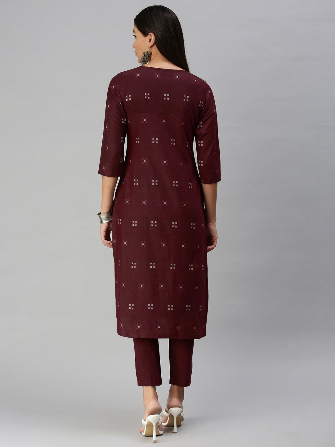Kalini Women Maroon Pure Cotton Geometric Woven Design Kurta with Trousers - Distacart