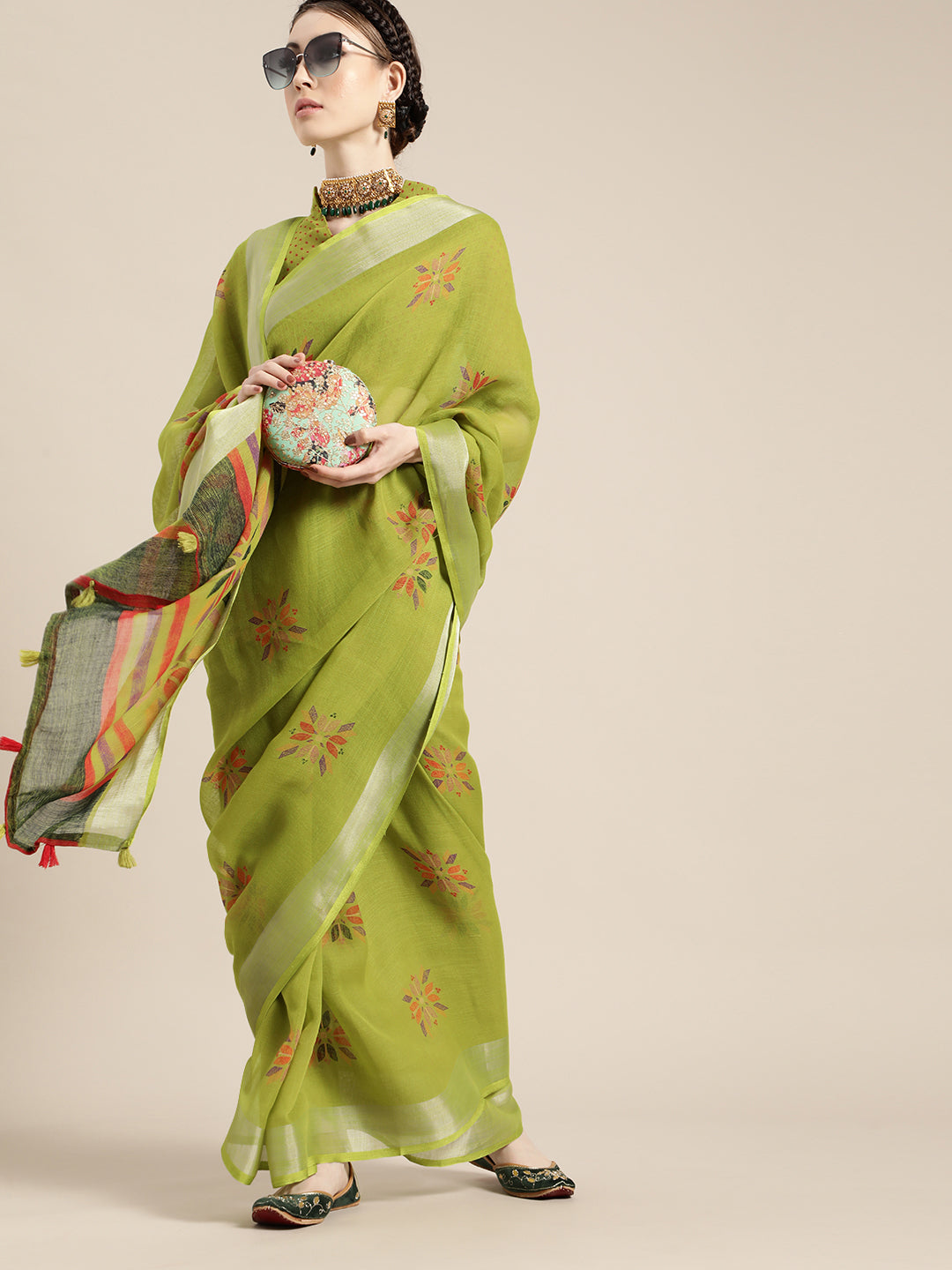 Saree Mall Saree Mall Elegant Green and Orange Linen Blend Saree - Distacart