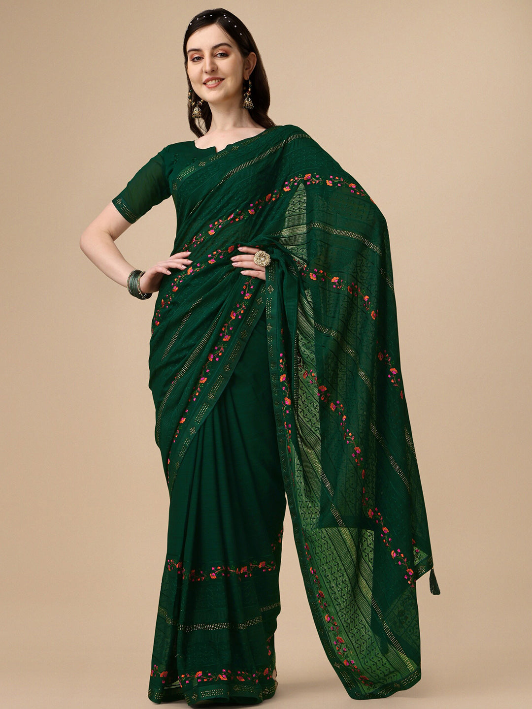 Kalini Floral Embroidered Pure Chiffon Saree - Distacart