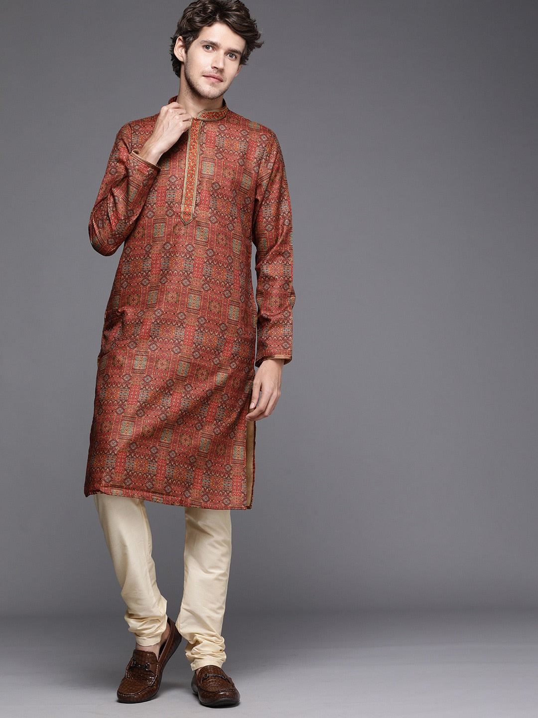 Manyavar Men Rust Red Ethnic Motifs Woven Design Kurta with Churidar - Distacart