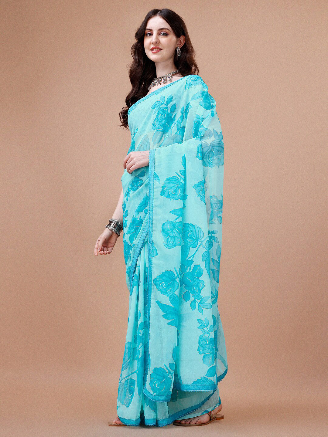 Sangria Turquoise Blue Floral Printed Pure Chiffon Saree - Distacart
