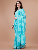 Thumbnail for Sangria Turquoise Blue Floral Printed Pure Chiffon Saree - Distacart