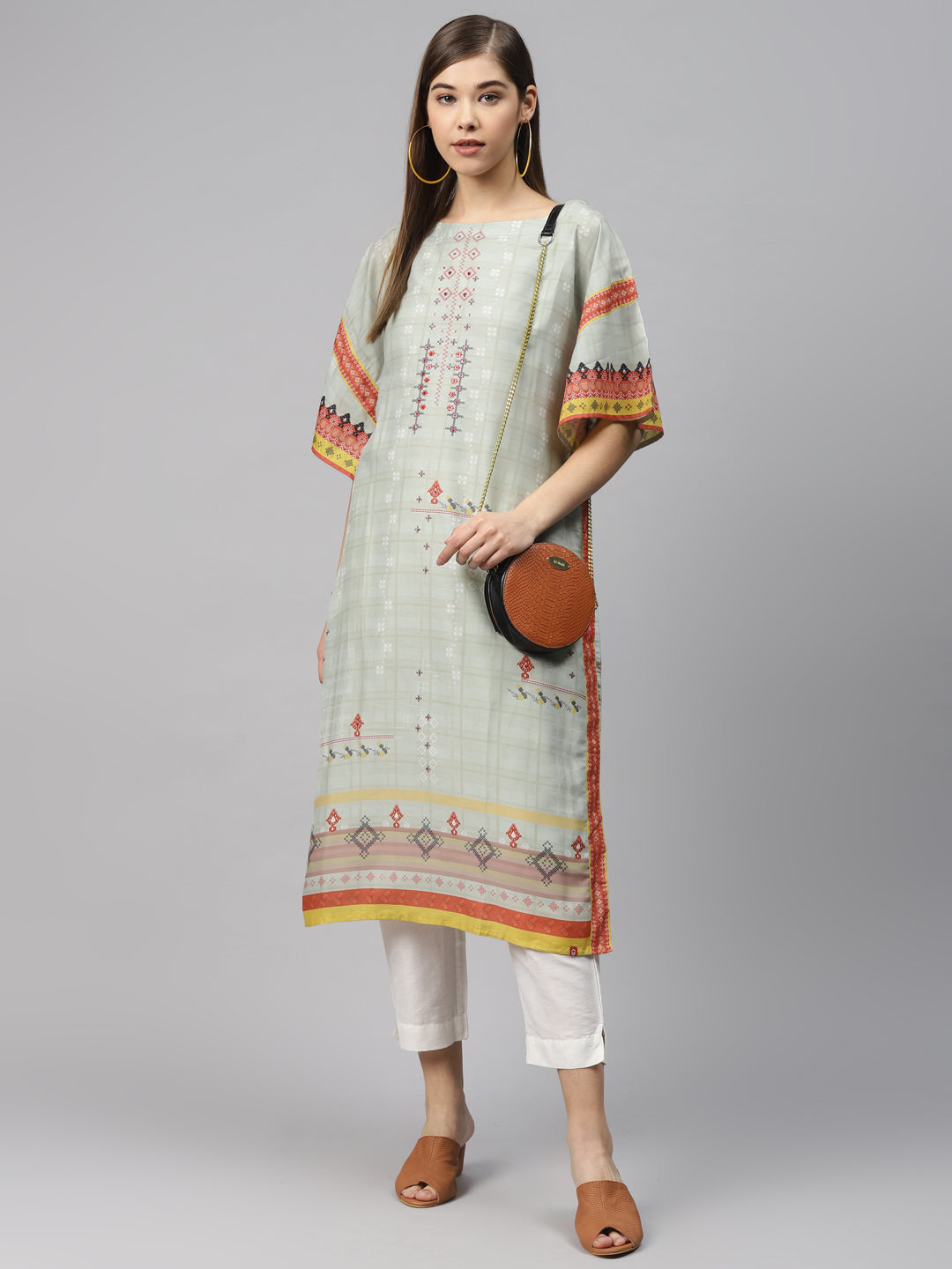 Biba Women Sea Green & Orange Printed Kaftan Kurta - Distacart