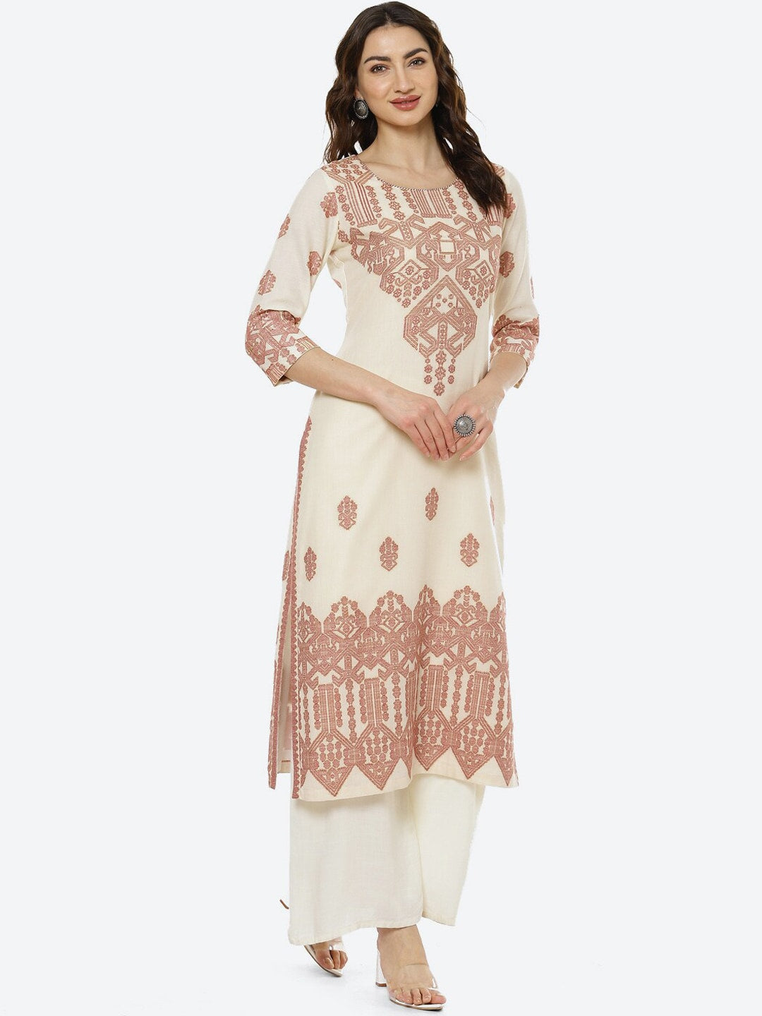 Biba Women Off White Ethnic Motifs Printed Mirror Work Jacquard Anarkali Kurta - Distacart