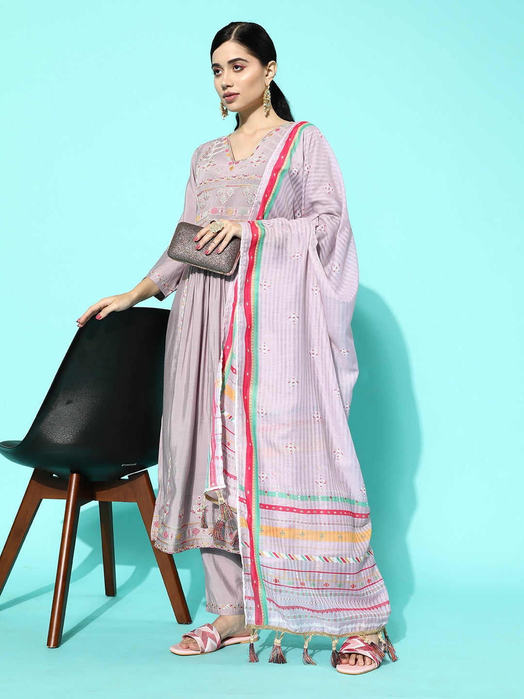 Sangria Women Lavender Ethnic Motifs Yoke Design Regular Thread Work Kurta with Trousers & With Dupatta - Distacart