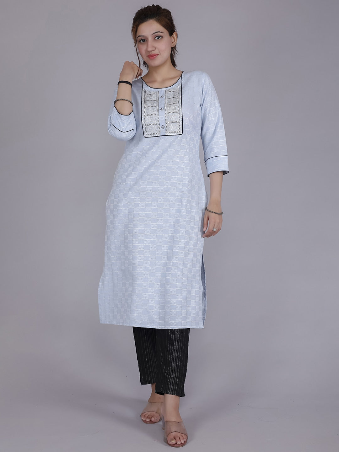 HERE&NOW Women Blue Yoke Design Pure Cotton Thread Work Kurta - Distacart