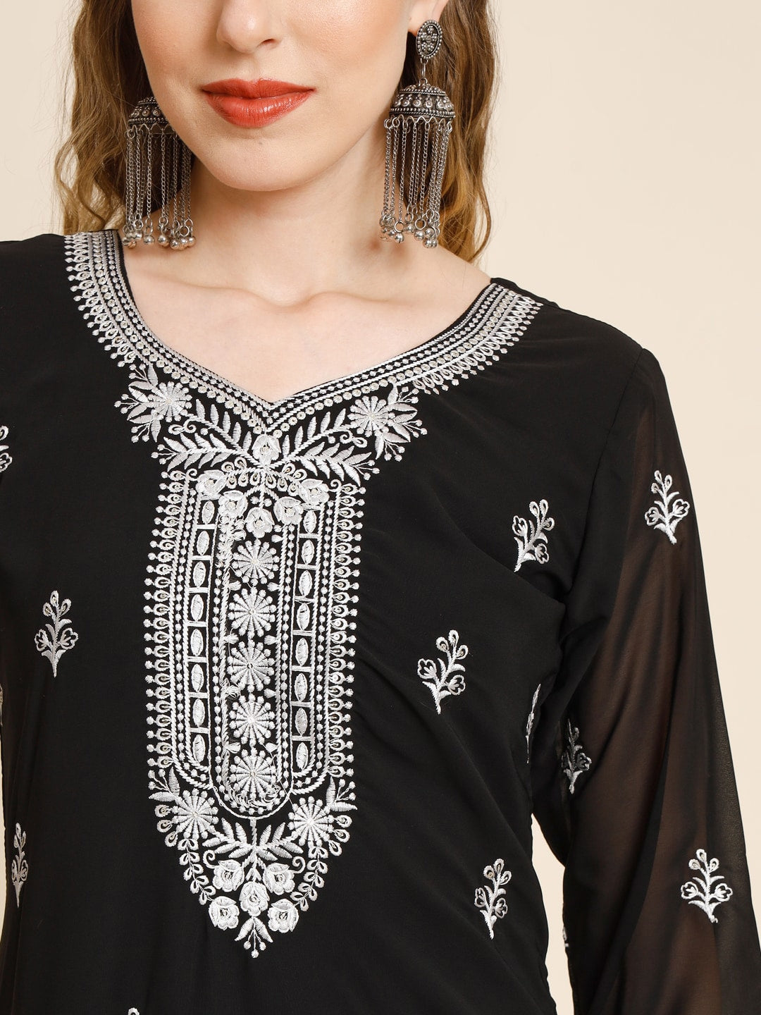HERE&NOW Ethnic Motifs Embroidered Sequined Georgette Kurta - Distacart