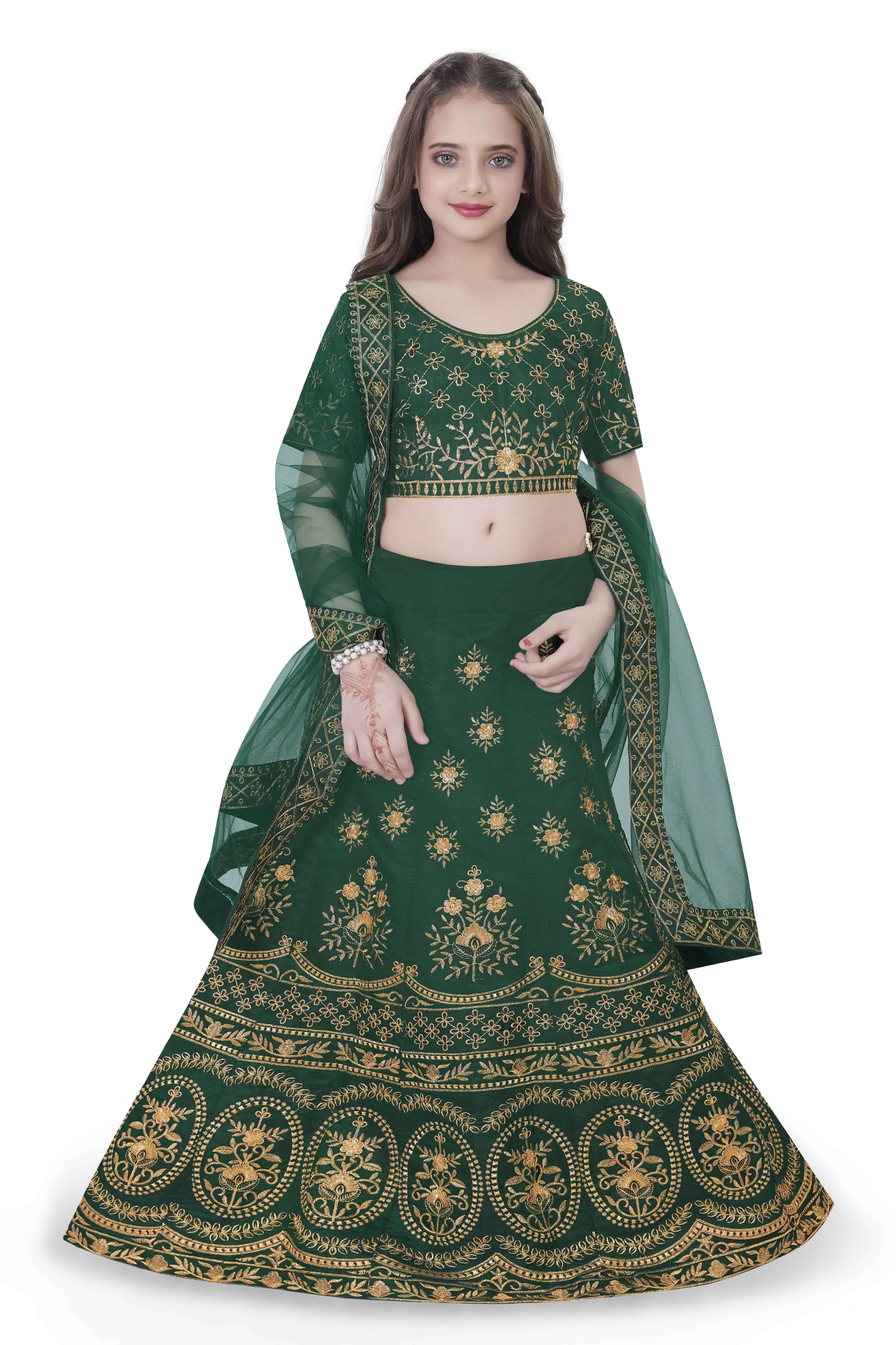 Dwiden Green Lehriyu Tafetta Sattin Semi-Stitched Girl's Lehenga Choli - Distacart