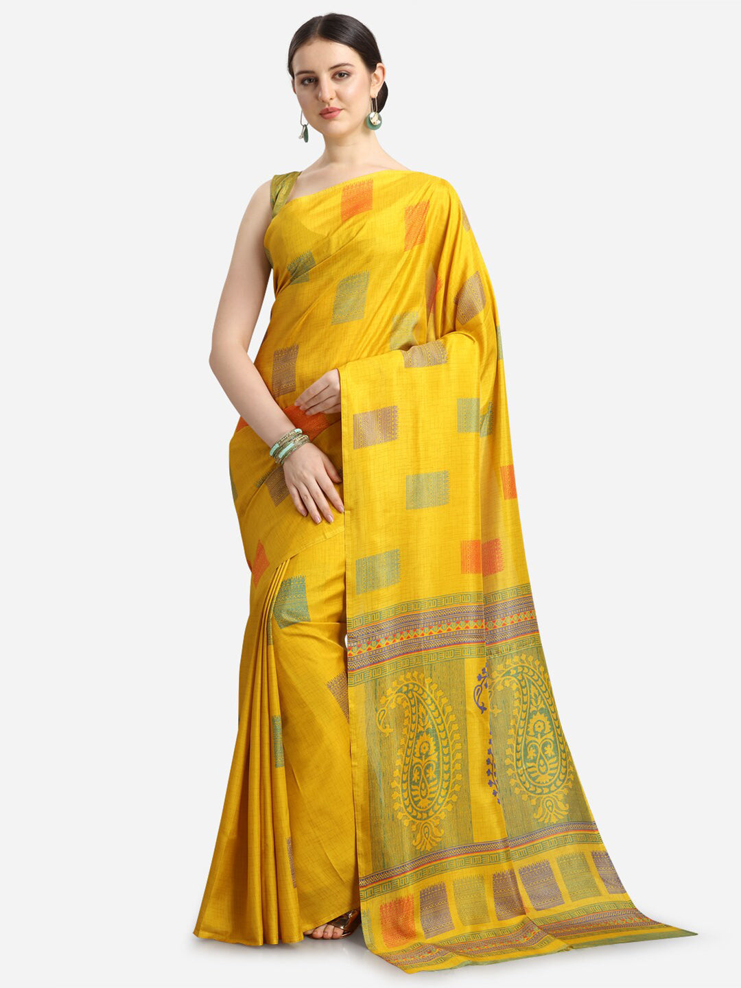 Kalini Yellow & Green Ethnic Motifs Fusion Saree - Distacart