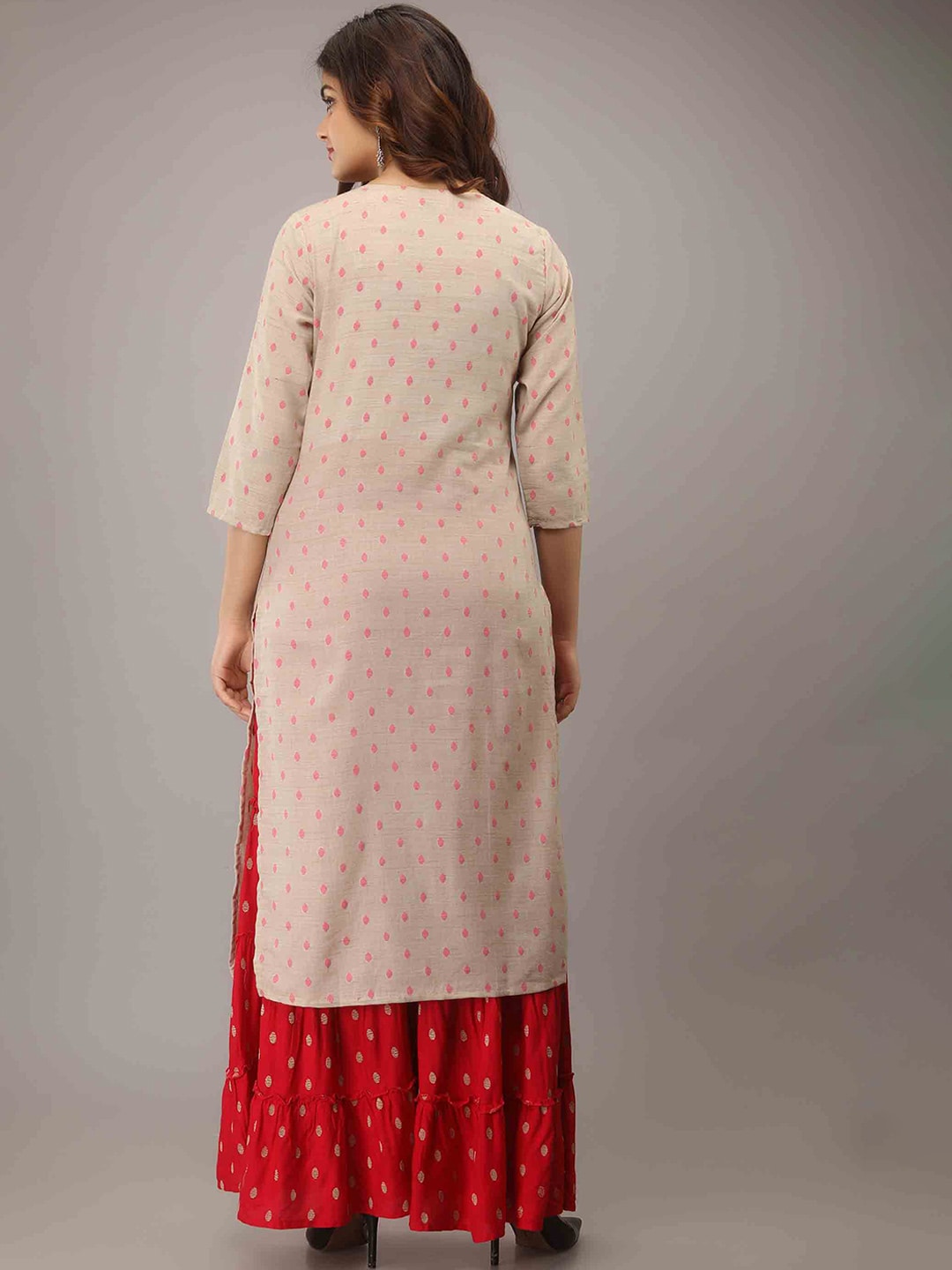 Kalini Women Cream-Coloured Embroidered High Slit Mirror Work Pure Cotton Kurti with Sharara - Distacart