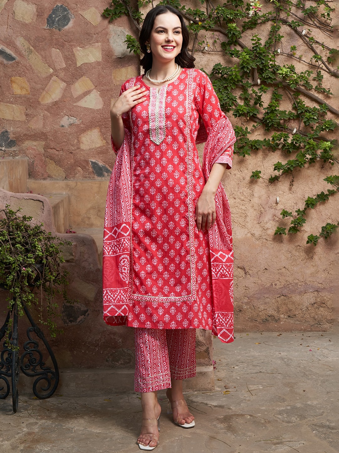 Sangria Printed Pure Cotton Kurta With Trouser & Dupatta - Distacart