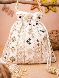 Thumbnail for NR By Nidhi Rathi White Mirror Work Embroidered Potli Clutch - Distacart