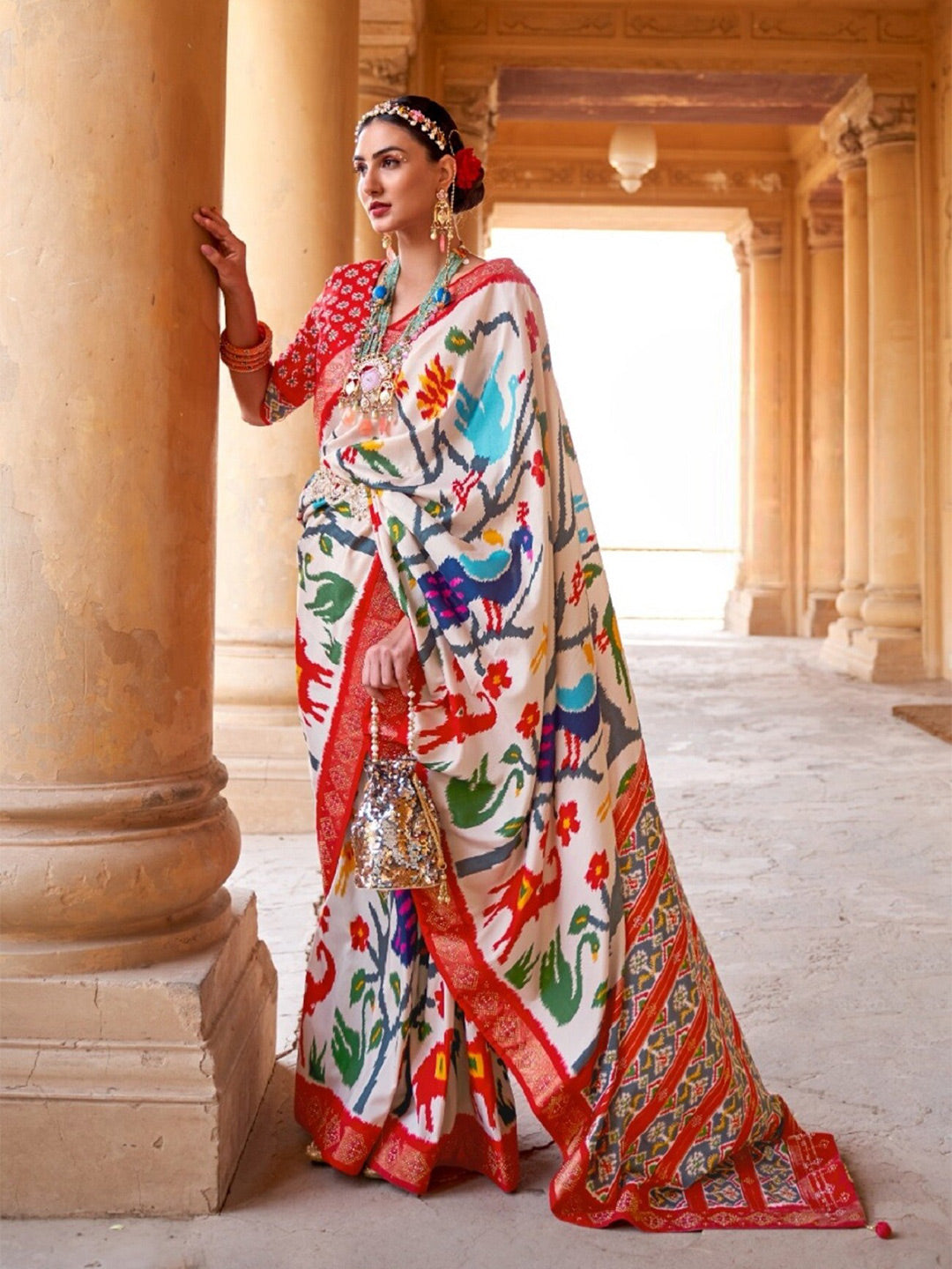 Mitera White & Red Ethnic Motifs Zari Pure Silk Patola Saree - Distacart