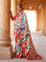 Thumbnail for Mitera White & Red Ethnic Motifs Zari Pure Silk Patola Saree - Distacart