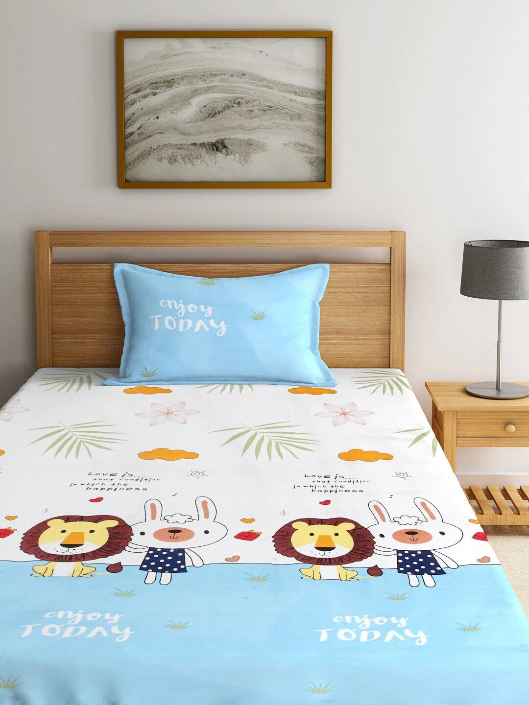 Home Sizzler White & Blue Cartoon Characters 210 TC Single Bedsheet with 1 Pillow Covers - Distacart