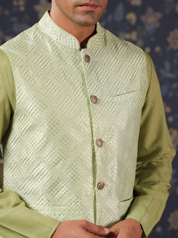 House of Pataudi Straight Kurta With Pyjamas & Embroidered Sequin Work Nehru Jacket - Distacart