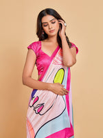 Thumbnail for Sangria Pink & Blue Abstract Printed Satin Saree - Distacart