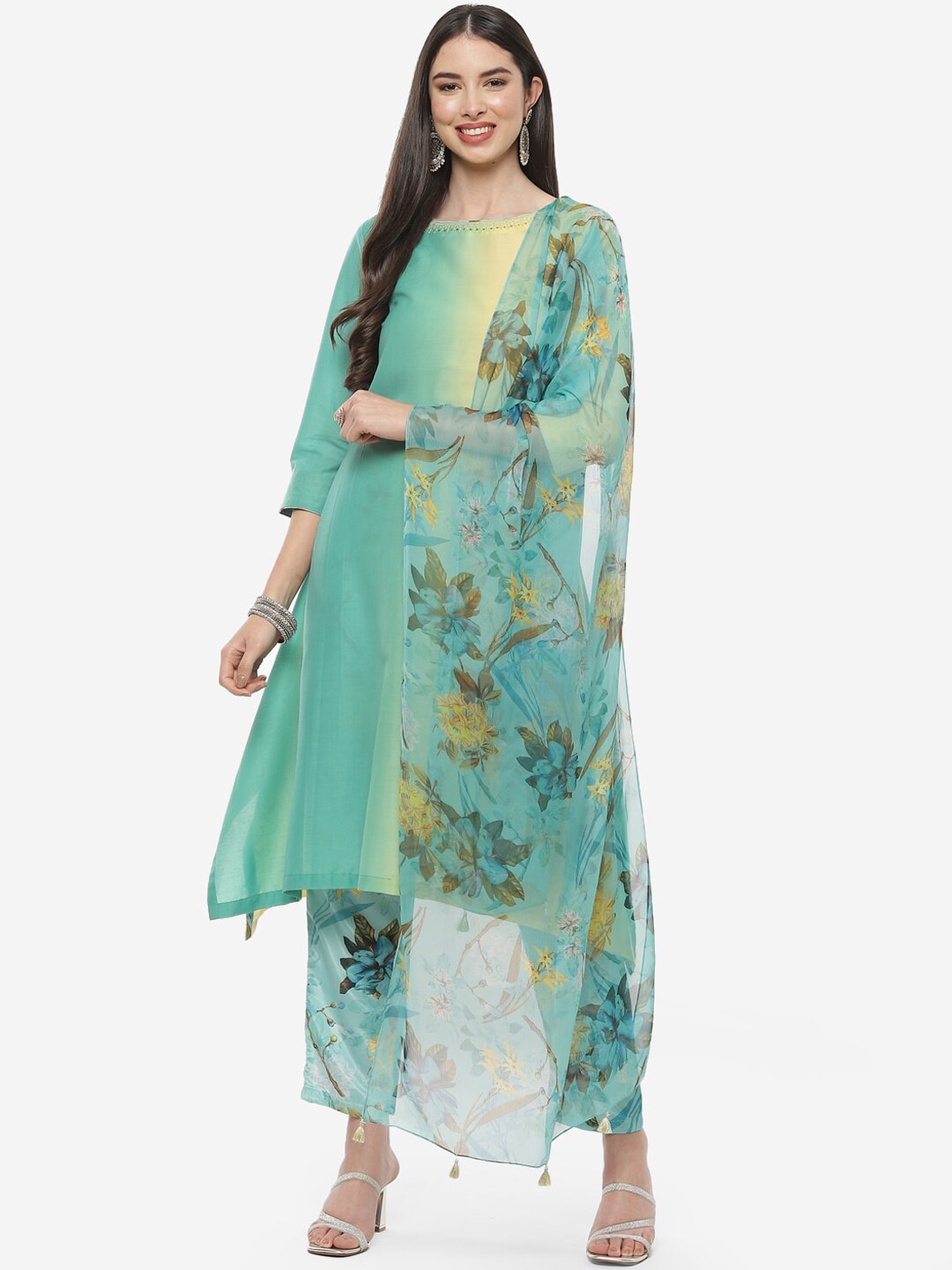 Biba Women Sea Green & Yellow Kurta with Trousers & Dupatta - Distacart