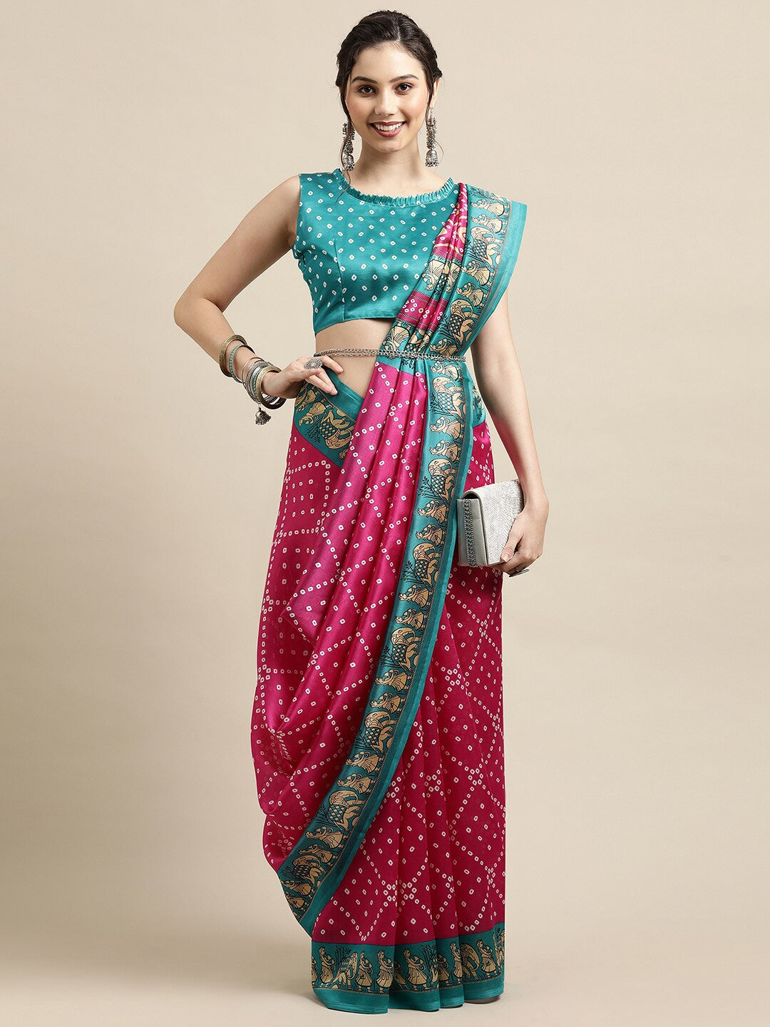 Saree Mall Pink & Teal Bandhani Printed Saree - Distacart