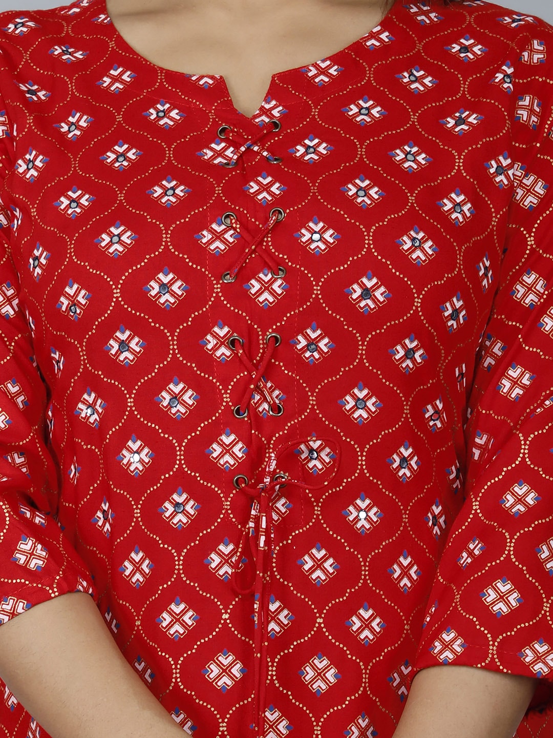 HERE&NOW Women Red Ethnic Motifs Printed Mirror Work Kurta - Distacart