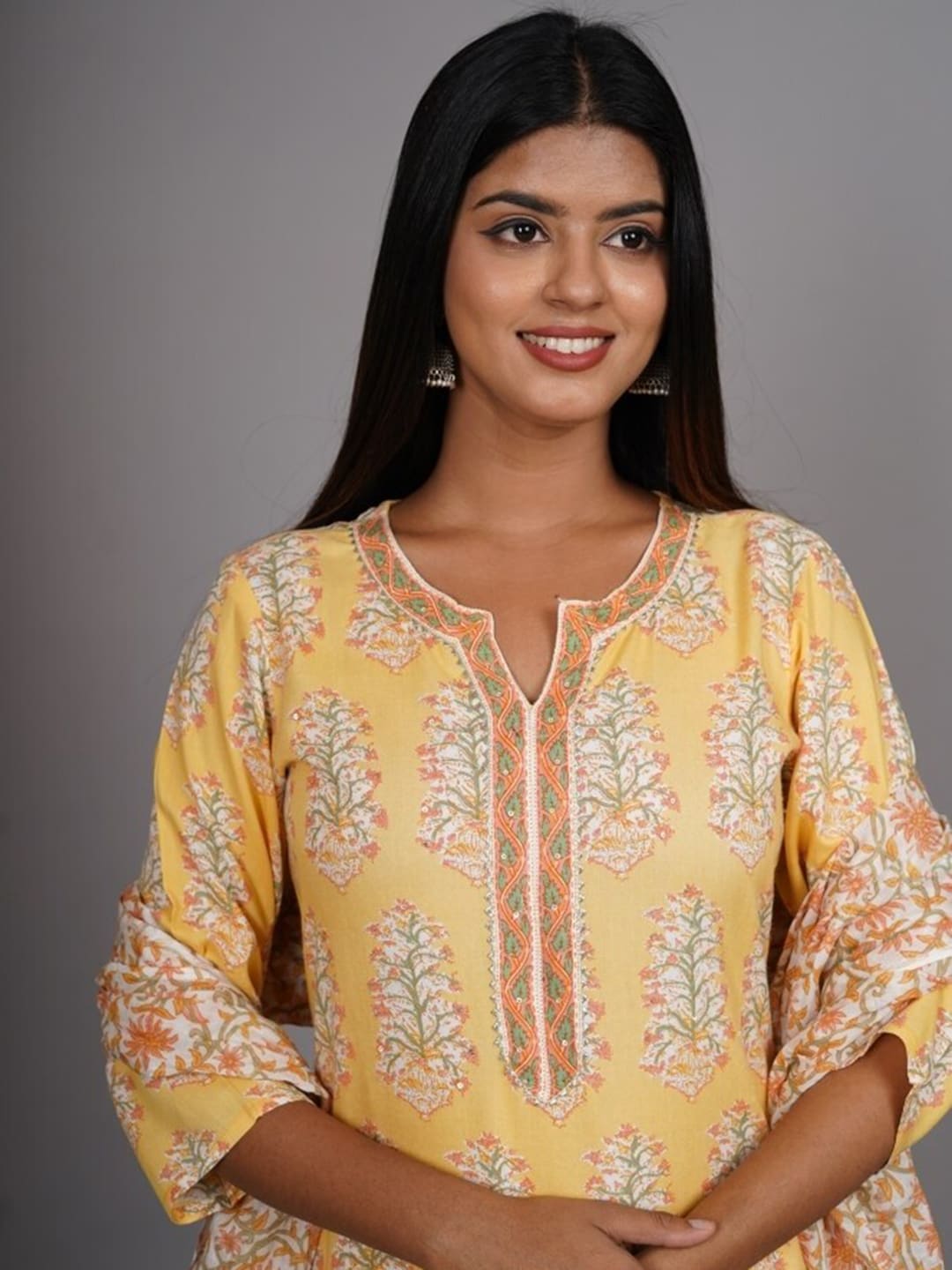 HERE&NOW Women Yellow Floral Printed Thread Work Kurta with Palazzos & With Dupatta - Distacart