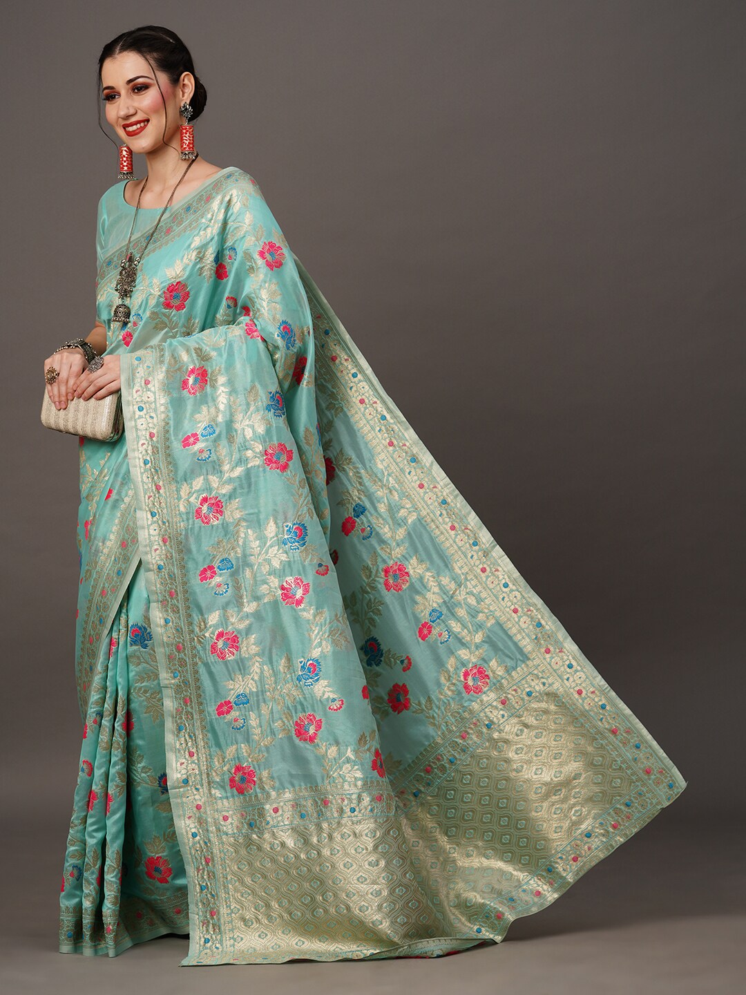 Mitera Floral Organza Banarasi Zari Saree With Blouse Piece - Distacart