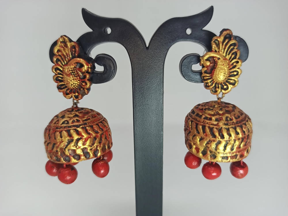 Terracotta Peacock Stud Ethnic Jhumkas-Gold Red