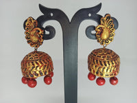 Thumbnail for Terracotta Peacock Stud Ethnic Jhumkas-Gold Red