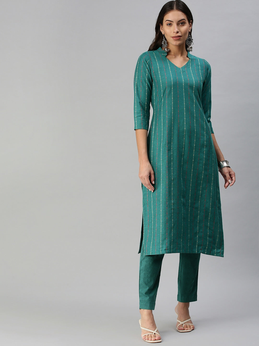 Kalini Women Teal Green Pure Cotton Geometric Woven Design Kurta with Trousers - Distacart