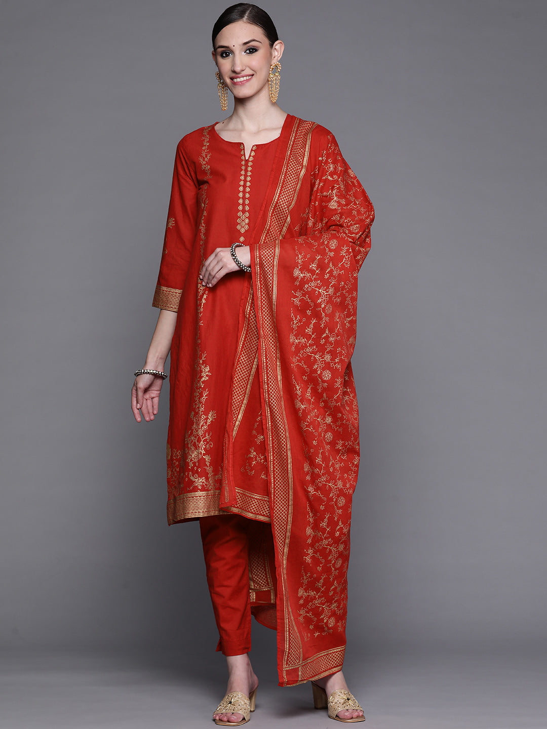 Biba Women Red & Golden Ethnic Motifs Printed Pure Cotton Kurta with Trousers & Dupatta - Distacart
