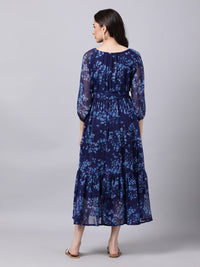 Thumbnail for Souchii Navy Blue Floral Layered Chiffon A-Line Midi Dress - Distacart