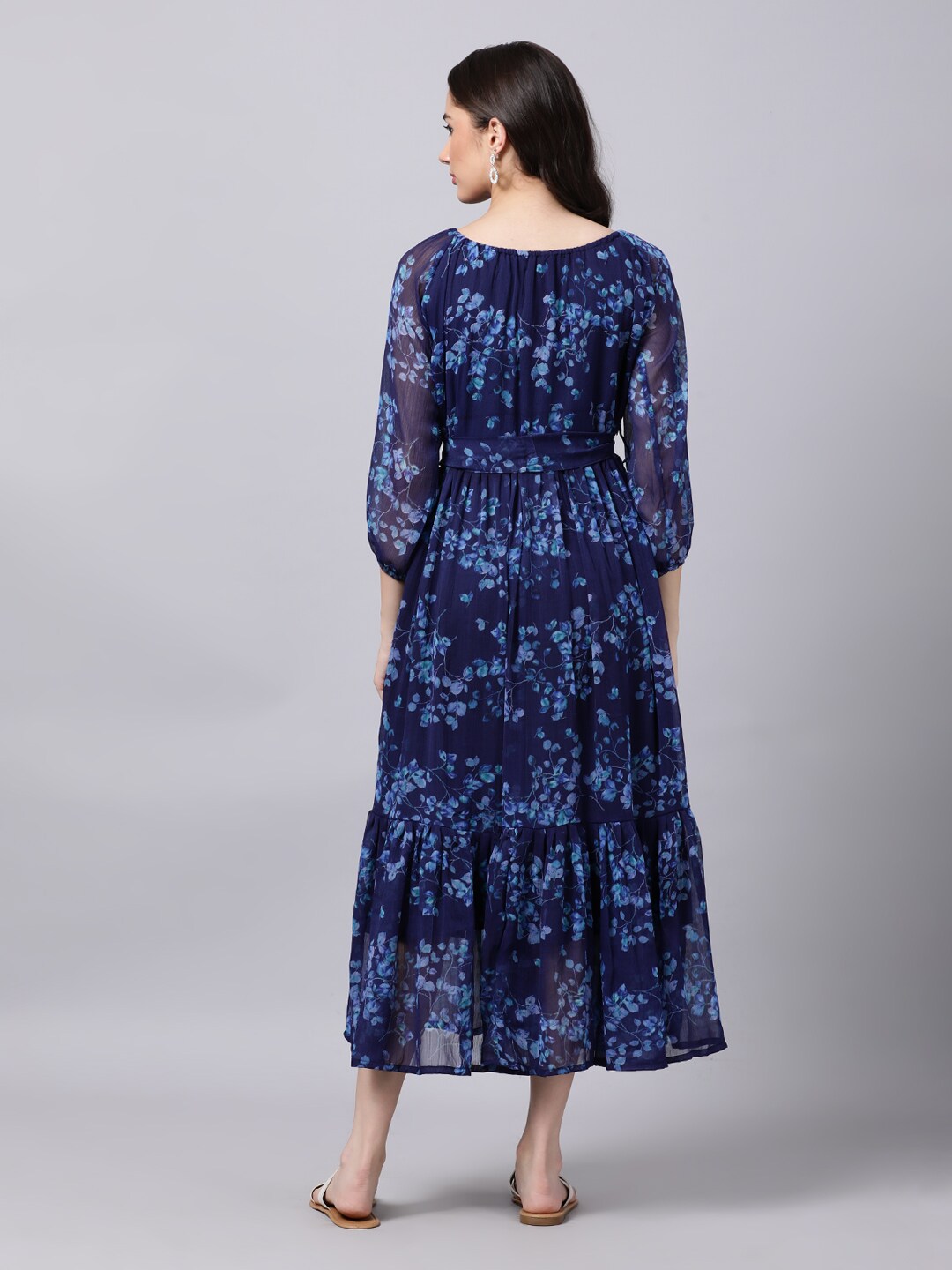 Souchii Navy Blue Floral Layered Chiffon A-Line Midi Dress - Distacart