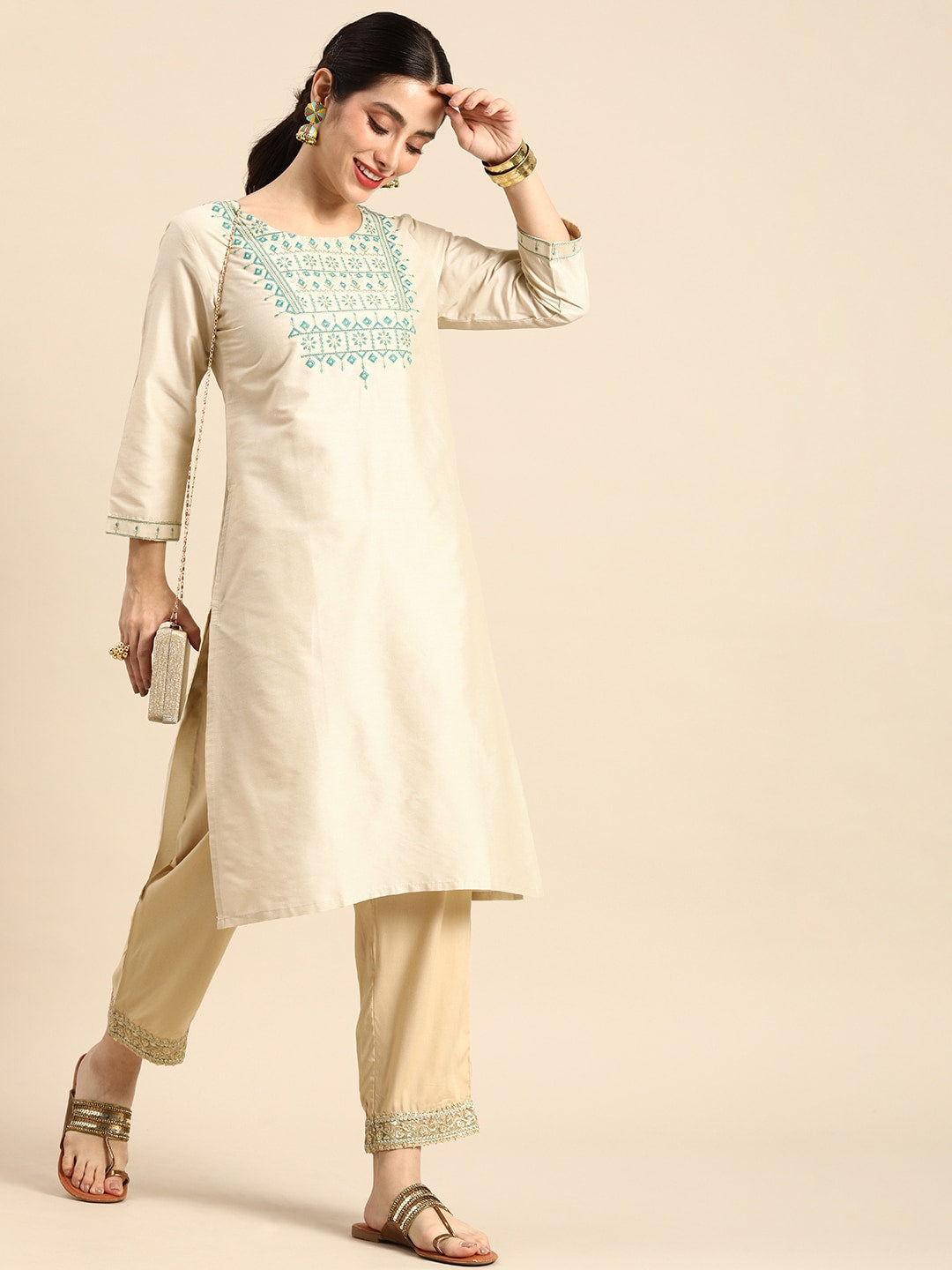 Sangria Women Ethnic Motifs Embroidered Thread Work Pastels Kurta - Distacart