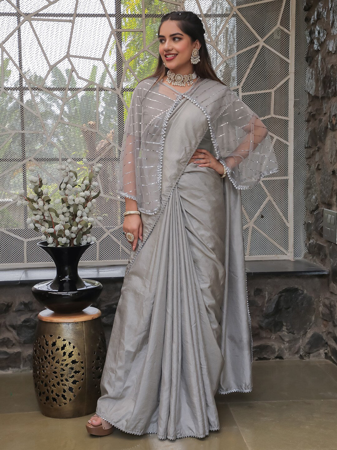 Tikhi Imli Embellished Border Sequinned Saree With Cape - Distacart