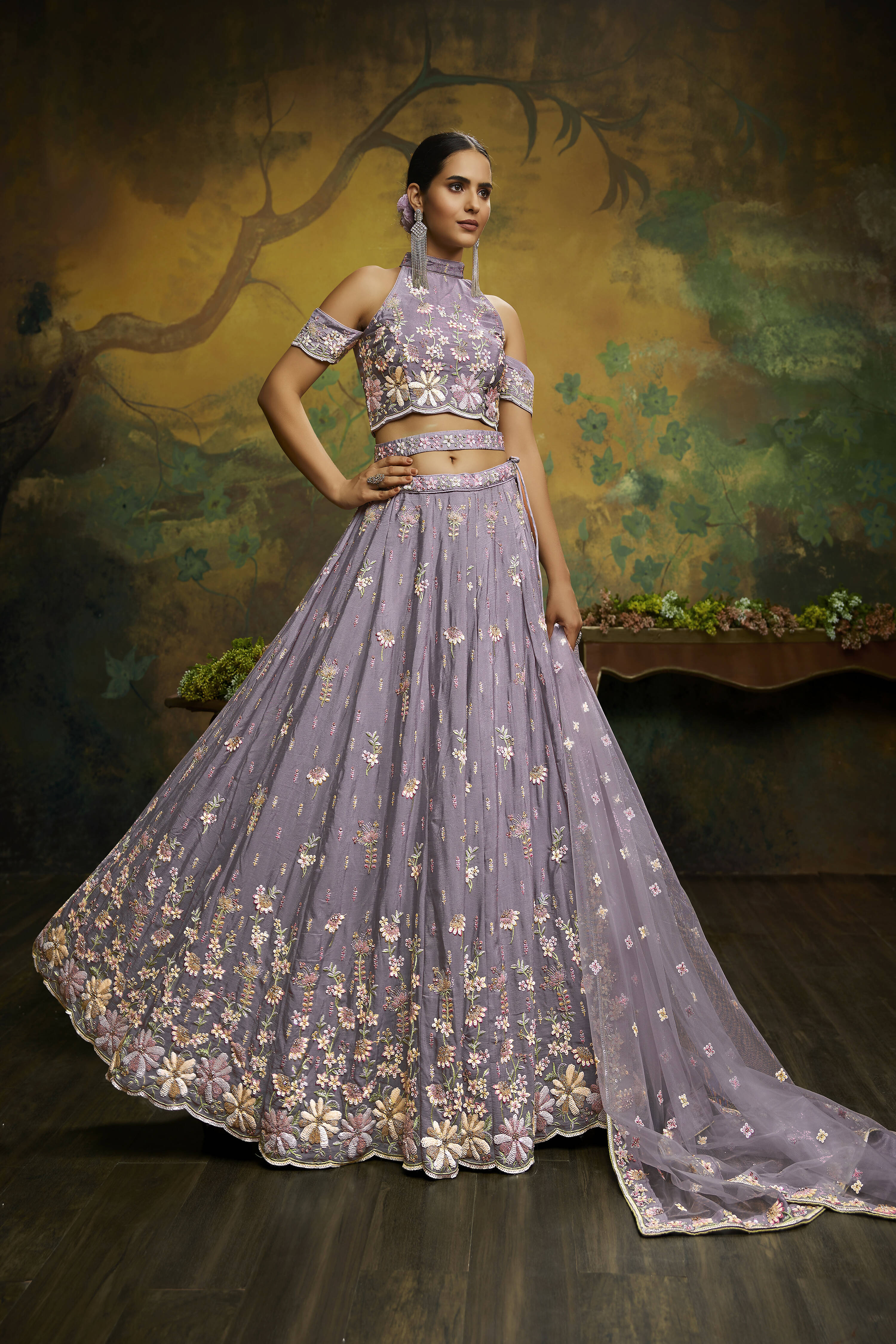 House of Panchhi Mauve Pure Georgette Sequins with heavy Zarkan embroidery Lehenga choli & Dupatta - Distacart