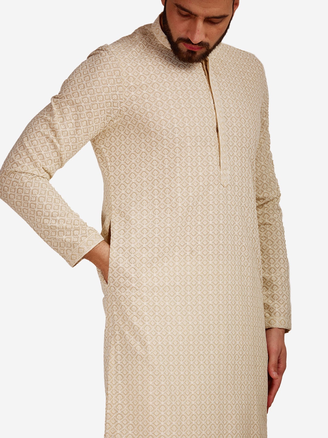 Manyavar Men Ethnic Motifs Embroidered Thread Work Cotton Kurta with Pyjamas - Distacart