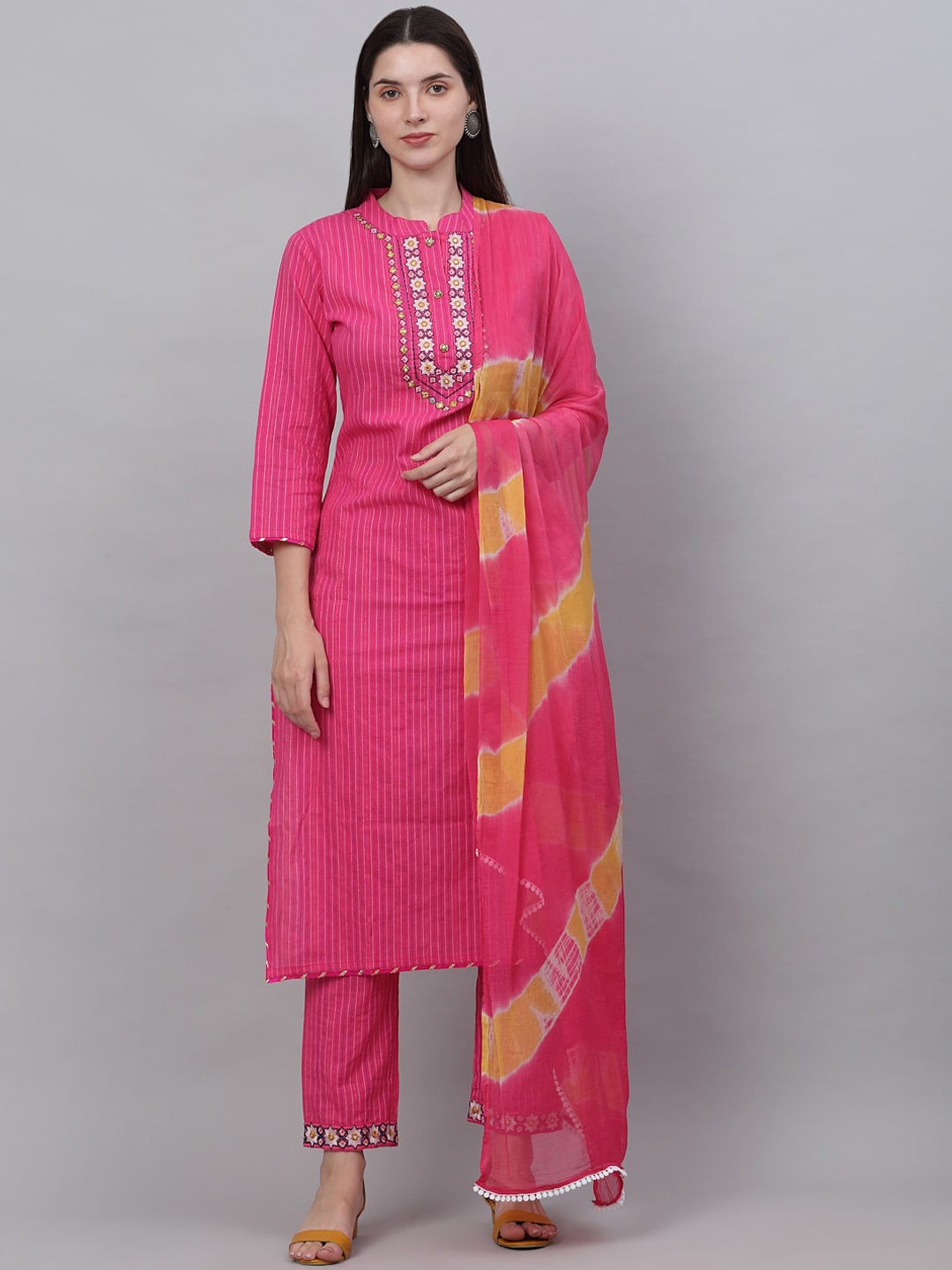 Kalini Women Pink Floral Embroidered Sequinned Pure Cotton Kurta with Trousers & With Dupatta - Distacart