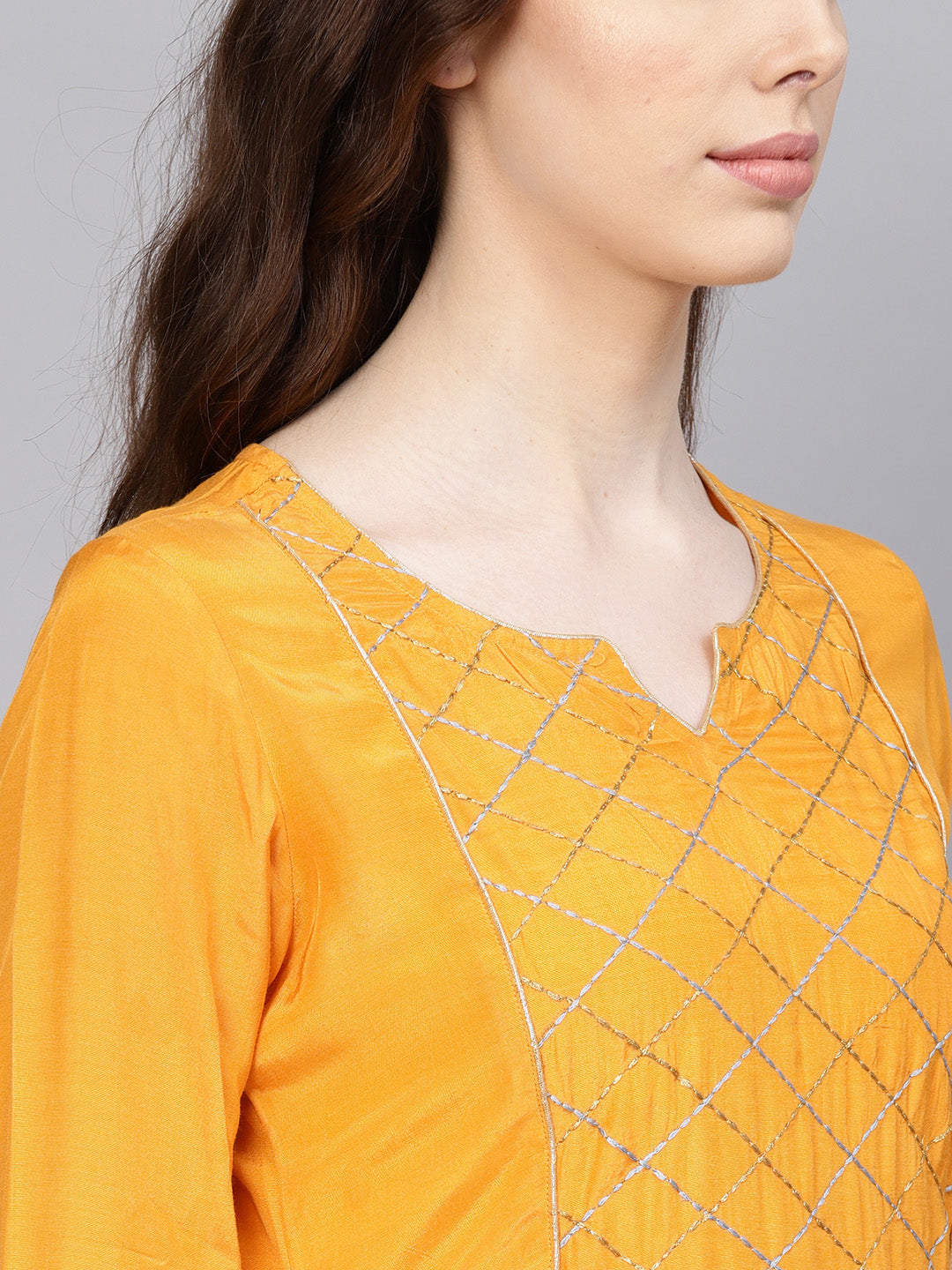 Jaipur Kurti Women Mustard Yellow & Grey Yoke Design Kurta with Palazzos & Dupatta - Distacart