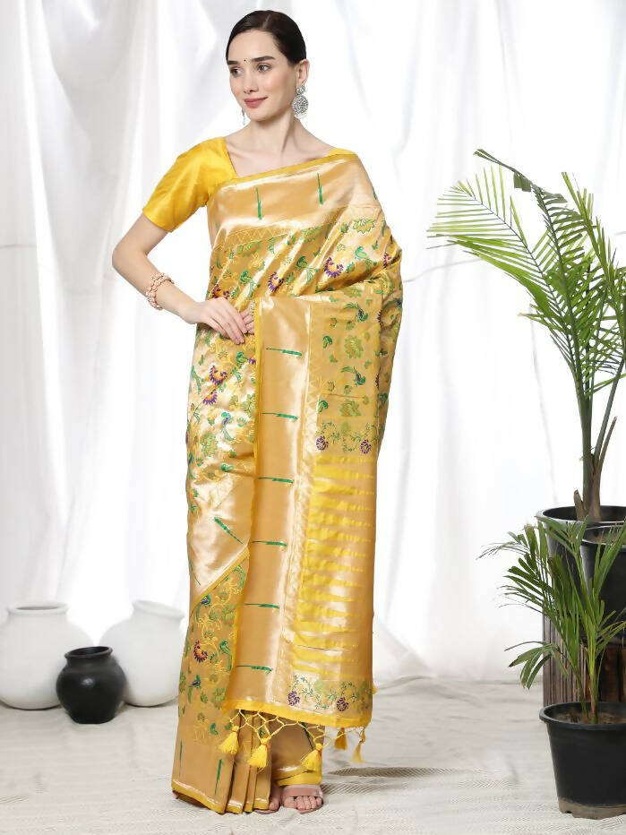 Vishnu Weaves Women's Yellow Paithani Silk Zari Woven Saree with Unstitched Blouse - Distacart