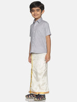 Thumbnail for Sethukrishna Boys Grey & White Solid Shirt with Veshti Set - Distacart