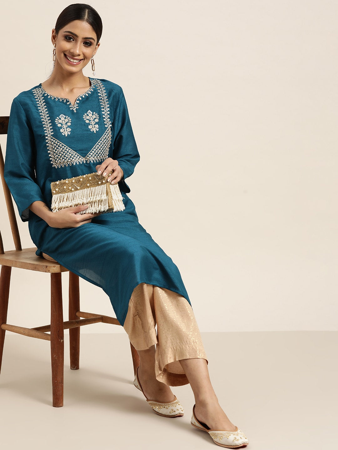 Sangria Women Teal Blue & Golden Ethnic Motifs Embroidered Sequinned Straight Kurta - Distacart