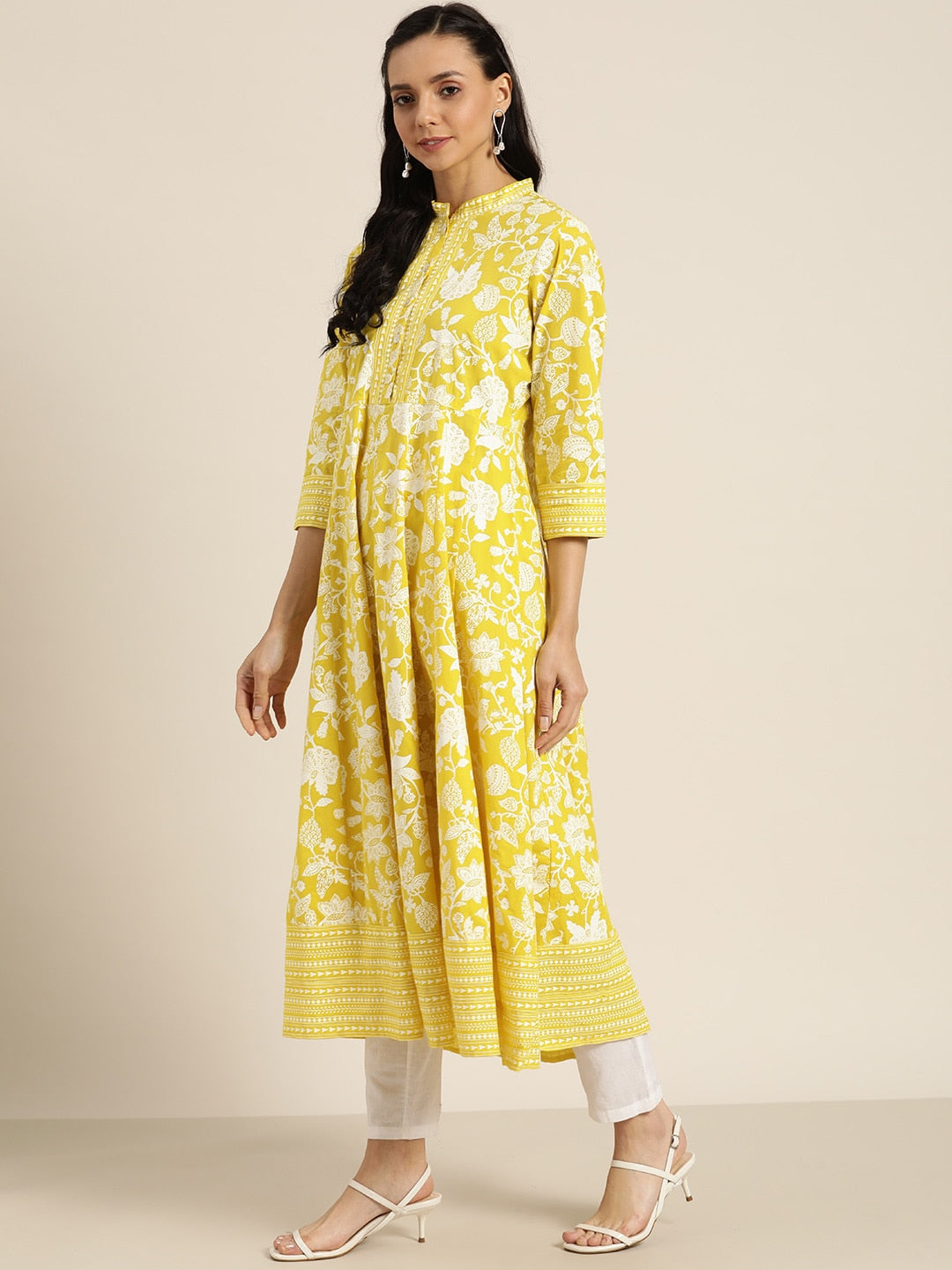 Sangria Women Yellow & White Ethnic Motifs Print Pure Cotton Anarkali Kurta - Distacart