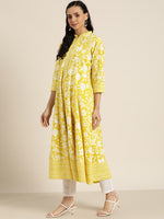 Thumbnail for Sangria Women Yellow & White Ethnic Motifs Print Pure Cotton Anarkali Kurta - Distacart