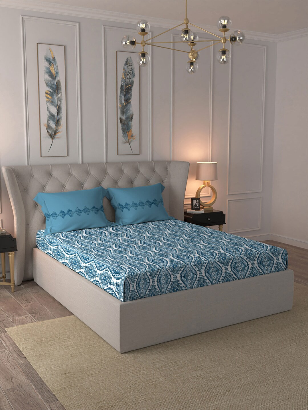 MYTRIDENT Blue White Ethnic Motifs Cotton 120 TC Queen Bedsheet With 2 Pillow Covers - Distacart